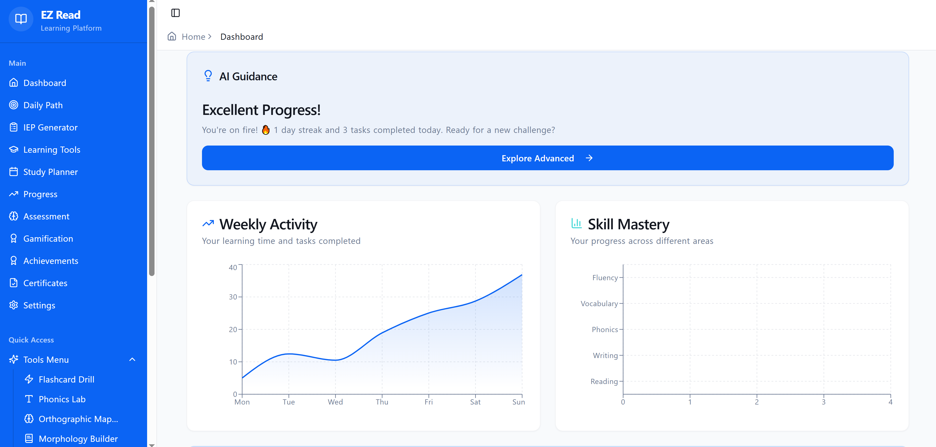 EZRead Dashboard Preview - Complete Learning Platform